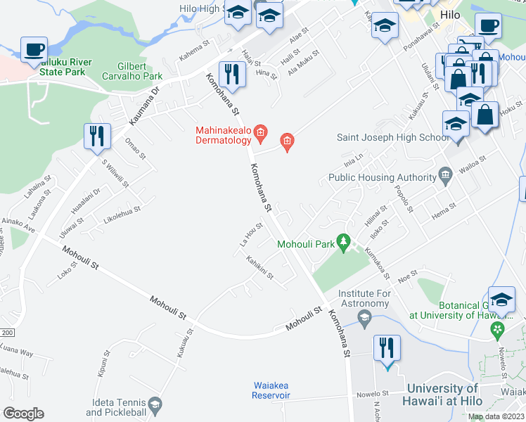 map of restaurants, bars, coffee shops, grocery stores, and more near 330 Ohukea Street in Hilo