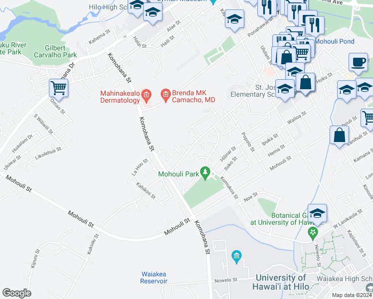 map of restaurants, bars, coffee shops, grocery stores, and more near 572 Kukuau Street in Hilo