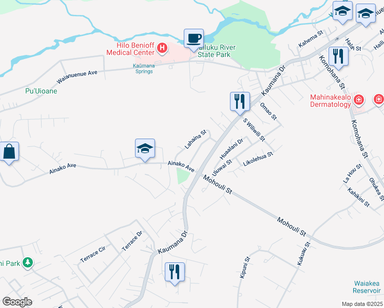 map of restaurants, bars, coffee shops, grocery stores, and more near 61 Laukona Street in Hilo