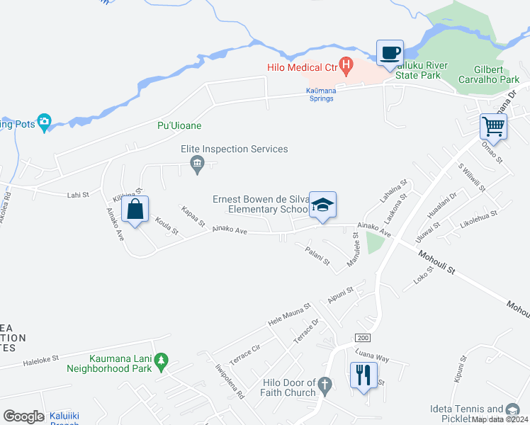map of restaurants, bars, coffee shops, grocery stores, and more near 60 Apoke Street in Hilo