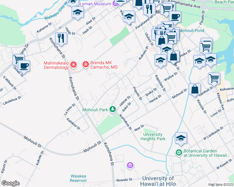 map of restaurants, bars, coffee shops, grocery stores, and more near 908 Kumukoa Street in Hilo