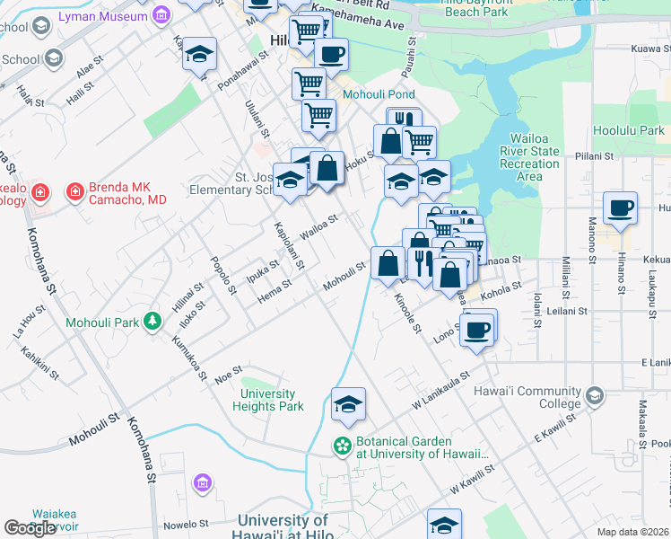 map of restaurants, bars, coffee shops, grocery stores, and more near 182 Mohouli Street in Hilo
