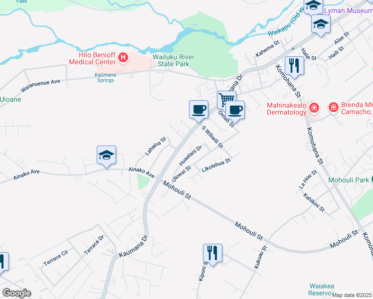 map of restaurants, bars, coffee shops, grocery stores, and more near 76 A Huaalani Drive in Hilo
