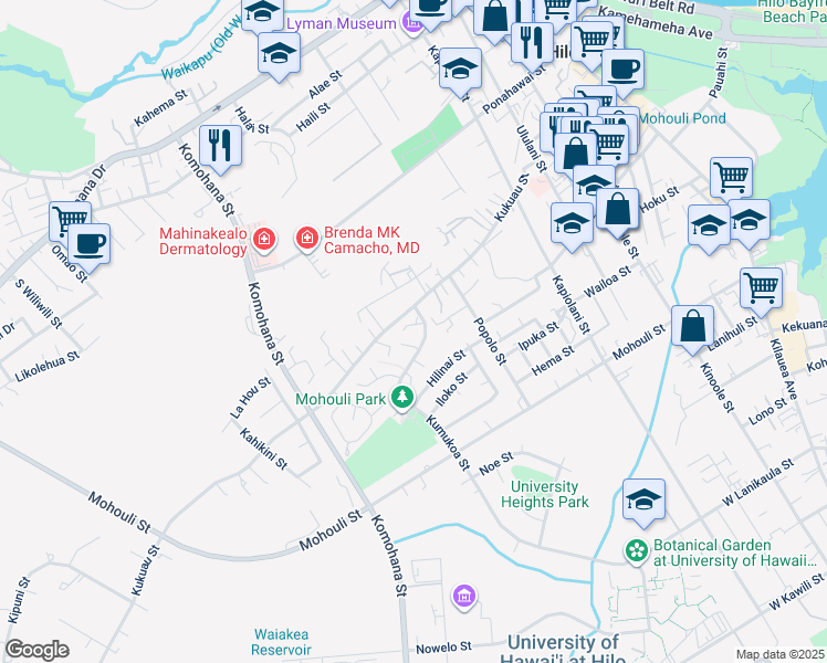 map of restaurants, bars, coffee shops, grocery stores, and more near 908 Kumukoa Street in Hilo
