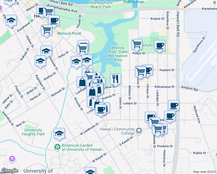 map of restaurants, bars, coffee shops, grocery stores, and more near 288 Manini Street in Hilo