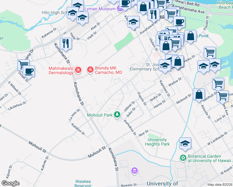 map of restaurants, bars, coffee shops, grocery stores, and more near 908 Kumukoa Street in Hilo