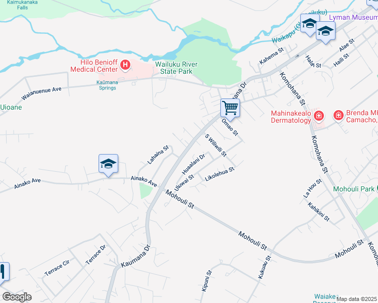 map of restaurants, bars, coffee shops, grocery stores, and more near 76 A Huaalani Drive in Hilo