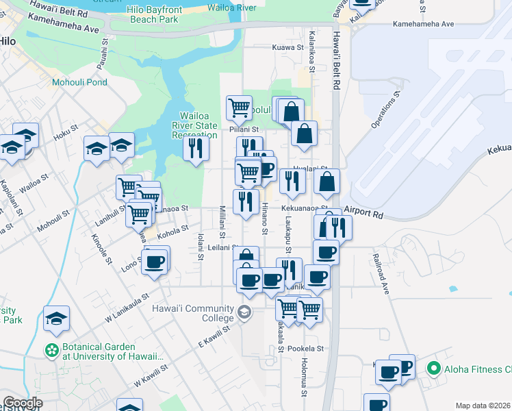map of restaurants, bars, coffee shops, grocery stores, and more near 615 Kekuanaoa Street in Hilo