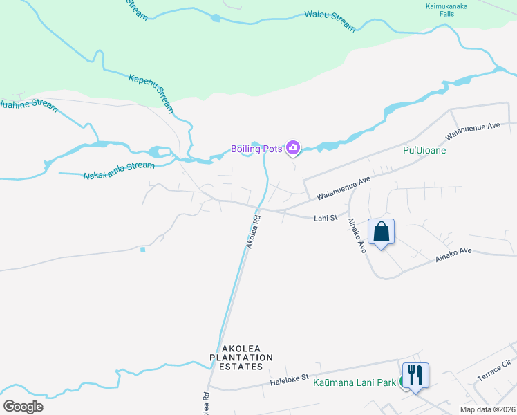 map of restaurants, bars, coffee shops, grocery stores, and more near Waianuenue Ave & Akolea Rd in Hilo