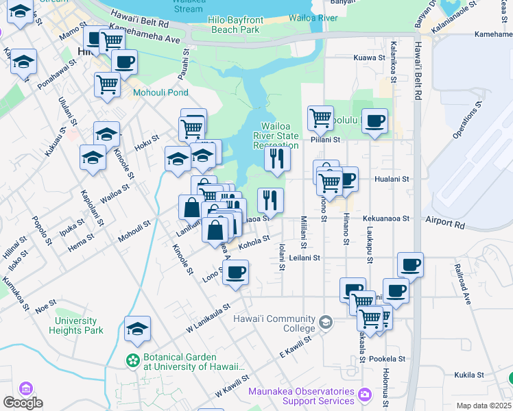 map of restaurants, bars, coffee shops, grocery stores, and more near 265 D Kekuanaoa Street in Hilo