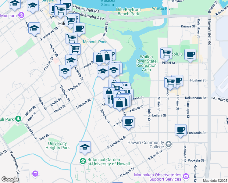 map of restaurants, bars, coffee shops, grocery stores, and more near 1054 Kilauea Avenue in Hilo