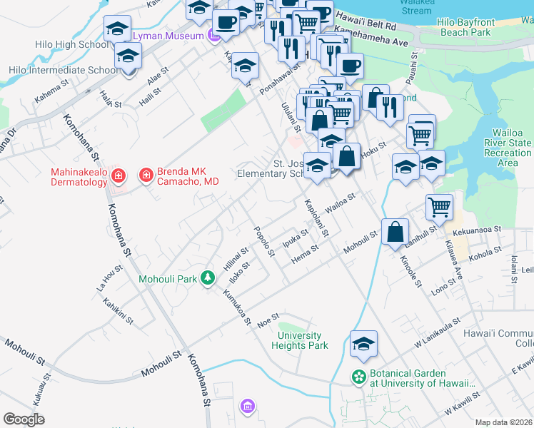 map of restaurants, bars, coffee shops, grocery stores, and more near 333D Popolo Street in Hilo
