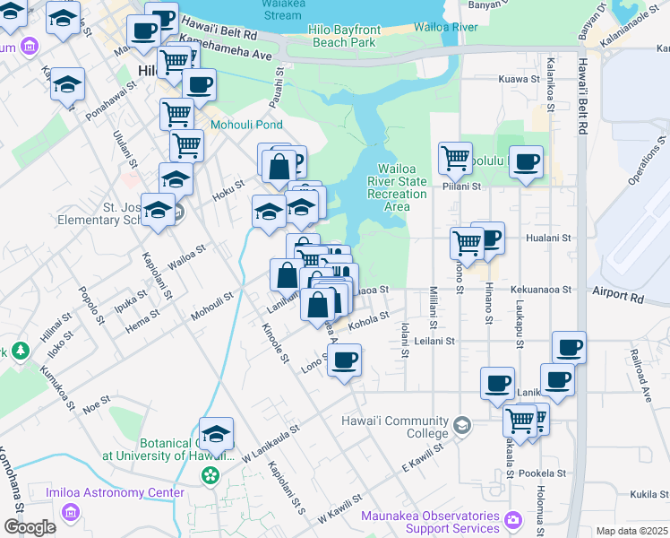 map of restaurants, bars, coffee shops, grocery stores, and more near 50B Maile Street in Hilo