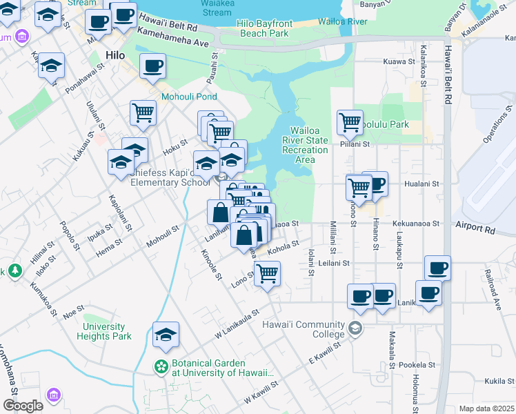 map of restaurants, bars, coffee shops, grocery stores, and more near 50B Maile Street in Hilo