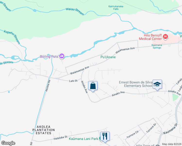 map of restaurants, bars, coffee shops, grocery stores, and more near 1510 Kilikina Street in Hilo
