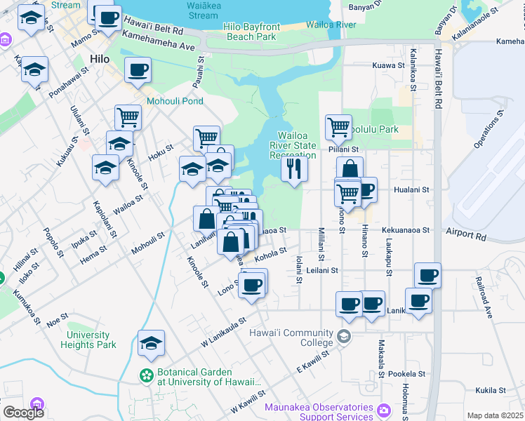 map of restaurants, bars, coffee shops, grocery stores, and more near 265 D Kekuanaoa Street in Hilo
