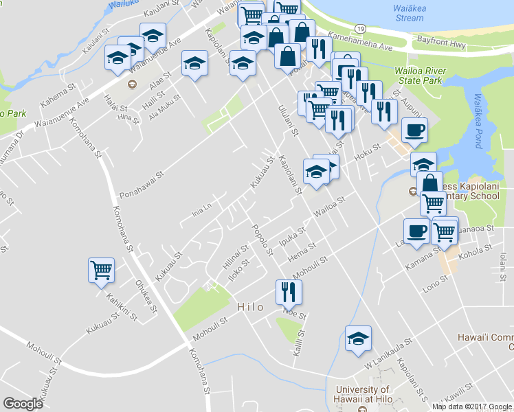 map of restaurants, bars, coffee shops, grocery stores, and more near 333D Popolo Street in Hilo