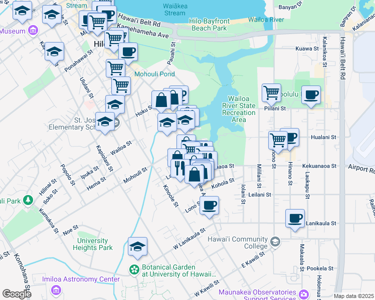 map of restaurants, bars, coffee shops, grocery stores, and more near 1054 Kilauea Avenue in Hilo