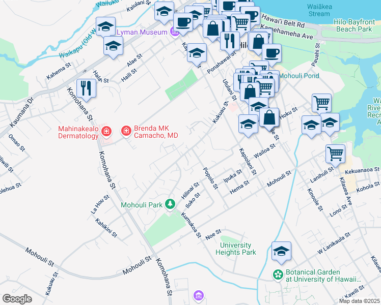 map of restaurants, bars, coffee shops, grocery stores, and more near 415 Hei Street in Hilo