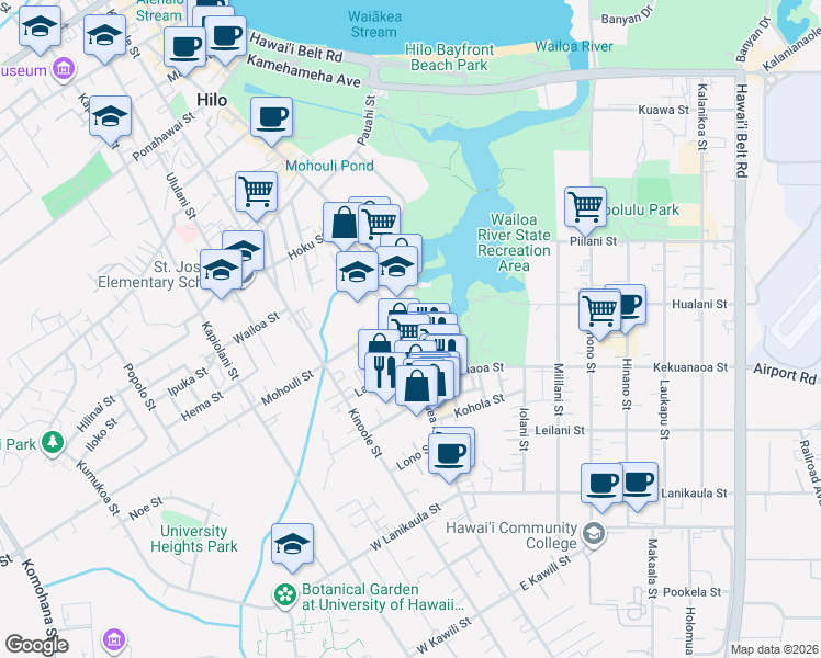 map of restaurants, bars, coffee shops, grocery stores, and more near 1054 Kilauea Avenue in Hilo