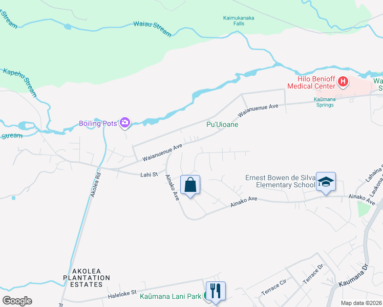 map of restaurants, bars, coffee shops, grocery stores, and more near 1510 Kilikina Street in Hilo