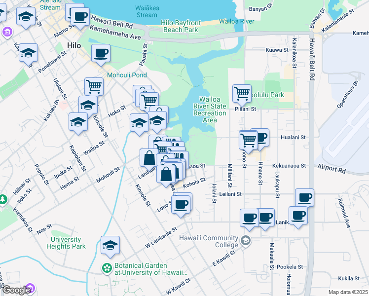 map of restaurants, bars, coffee shops, grocery stores, and more near 50B Maile Street in Hilo