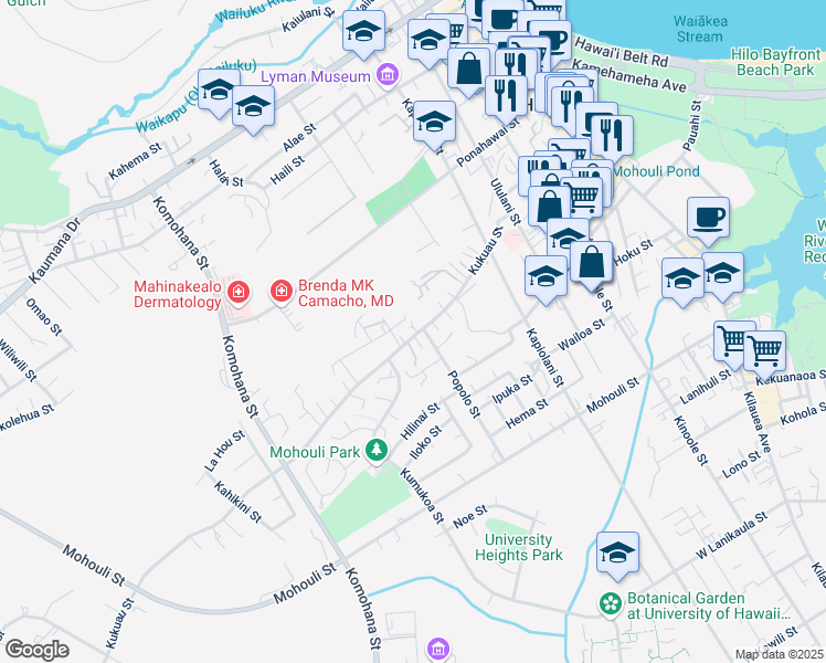 map of restaurants, bars, coffee shops, grocery stores, and more near 415 Hei Street in Hilo