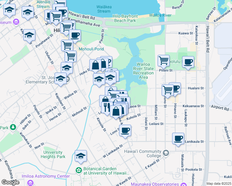 map of restaurants, bars, coffee shops, grocery stores, and more near 1054 Kilauea Avenue in Hilo