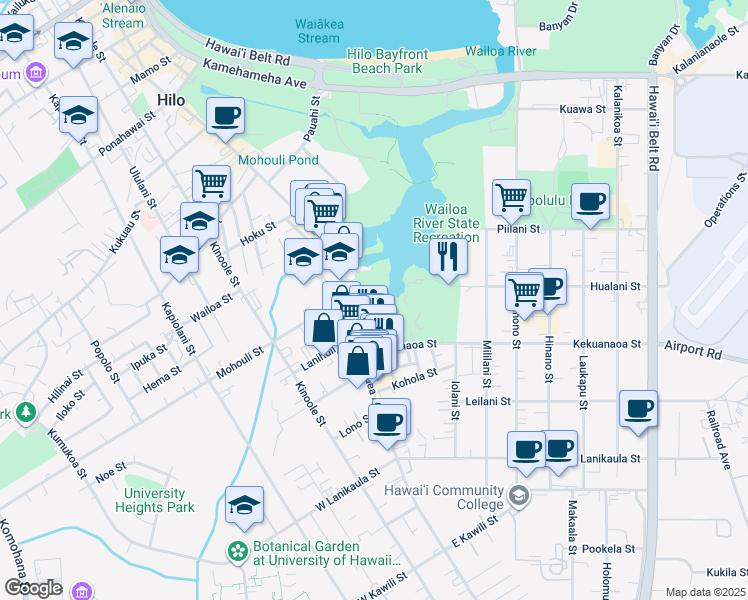 map of restaurants, bars, coffee shops, grocery stores, and more near 50B Maile Street in Hilo