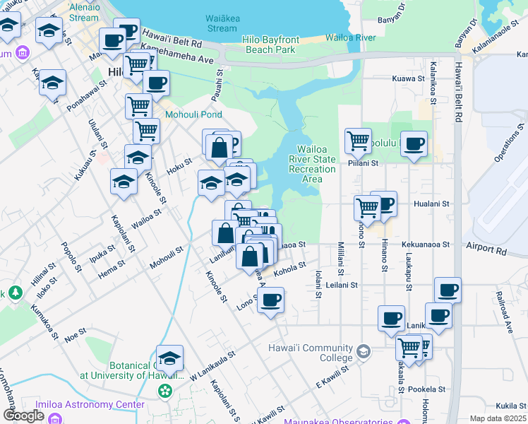 map of restaurants, bars, coffee shops, grocery stores, and more near 50B Maile Street in Hilo