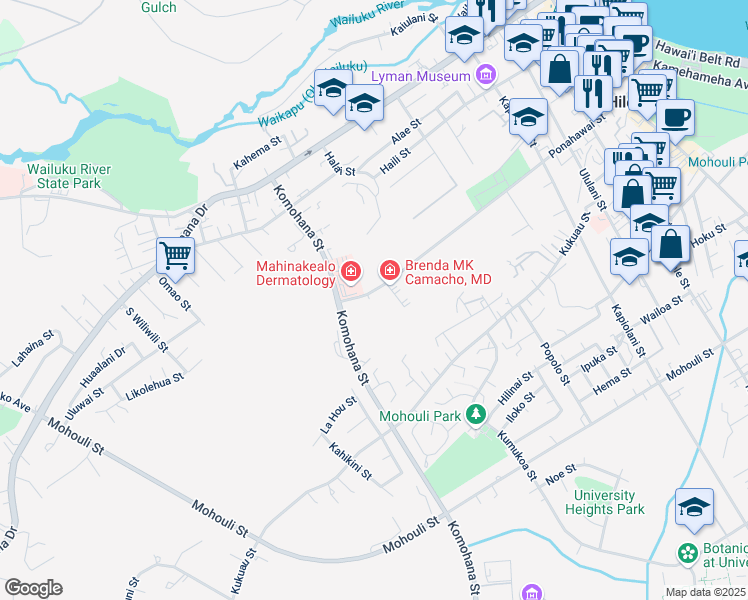 map of restaurants, bars, coffee shops, grocery stores, and more near 651 Ponahawai Street in Hilo