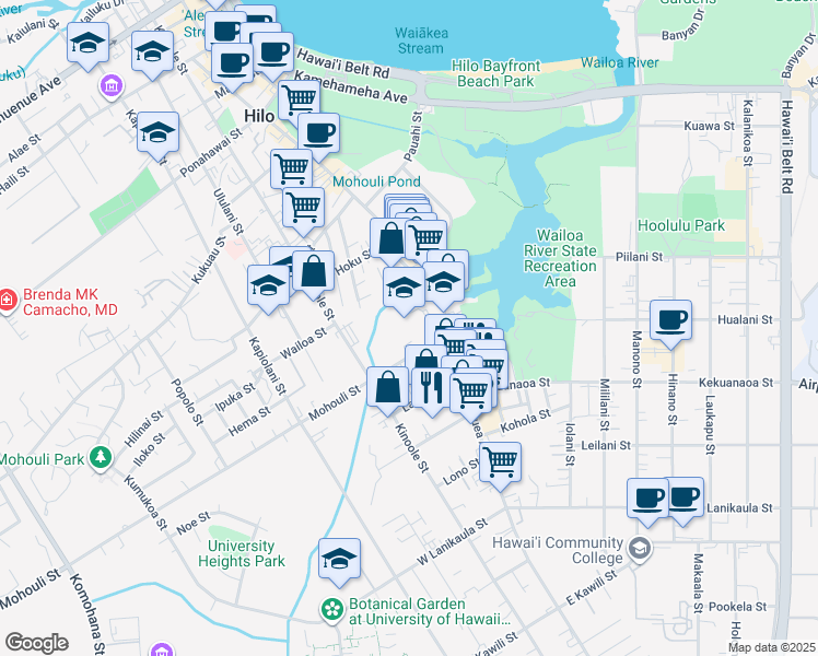 map of restaurants, bars, coffee shops, grocery stores, and more near 966 Kilauea Avenue in Hilo