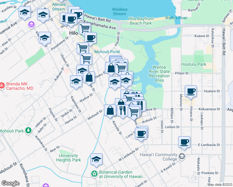 map of restaurants, bars, coffee shops, grocery stores, and more near 966 Kilauea Avenue in Hilo