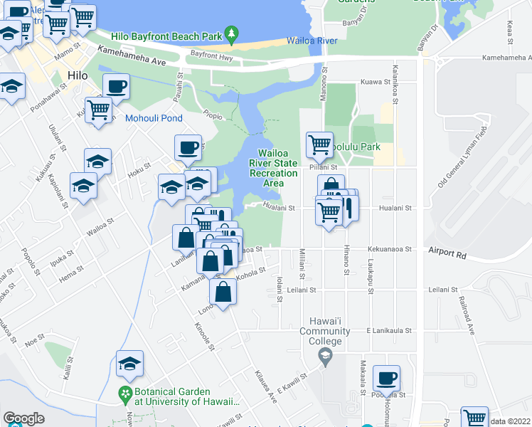 map of restaurants, bars, coffee shops, grocery stores, and more near 400 Hualani Street in Hilo
