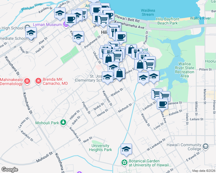 map of restaurants, bars, coffee shops, grocery stores, and more near 1000 Ululani Street in Hilo