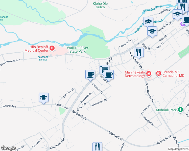 map of restaurants, bars, coffee shops, grocery stores, and more near 138 Kaumana Drive in Hilo