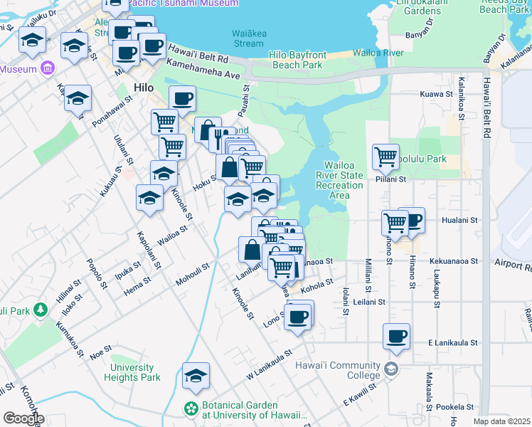 map of restaurants, bars, coffee shops, grocery stores, and more near 963 Kilauea Avenue in Hilo