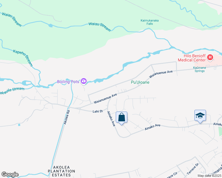 map of restaurants, bars, coffee shops, grocery stores, and more near 1643 Wailuku Drive in Hilo
