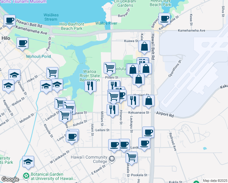 map of restaurants, bars, coffee shops, grocery stores, and more near 573C Manono Street in Hilo