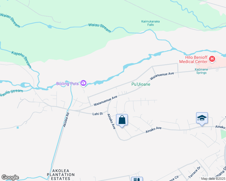 map of restaurants, bars, coffee shops, grocery stores, and more near 1643 Wailuku Drive in Hilo