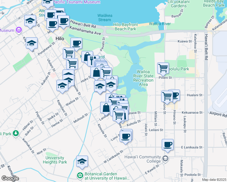 map of restaurants, bars, coffee shops, grocery stores, and more near 963 Kilauea Avenue in Hilo
