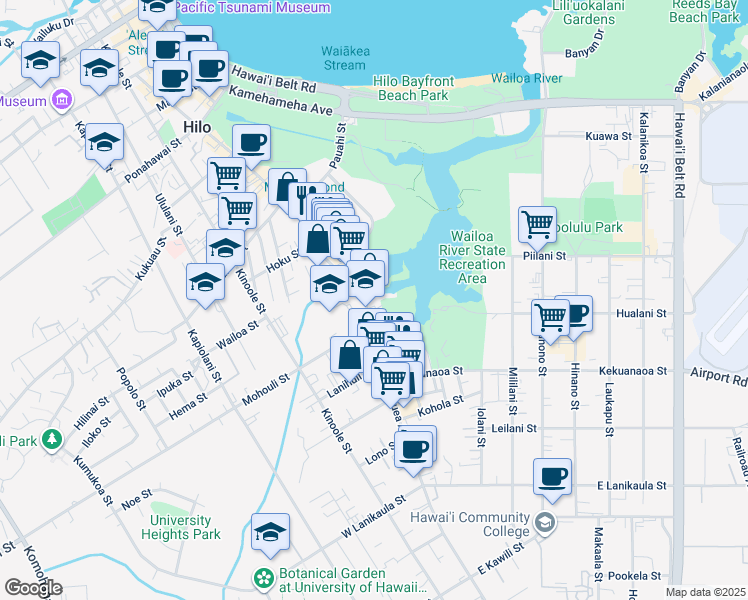 map of restaurants, bars, coffee shops, grocery stores, and more near 963 Kilauea Avenue in Hilo