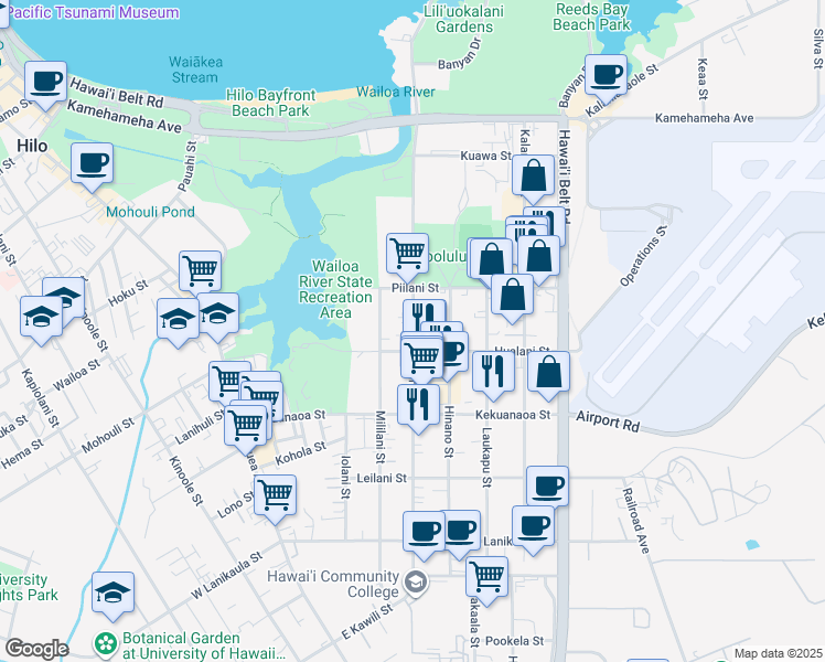 map of restaurants, bars, coffee shops, grocery stores, and more near 573C Manono Street in Hilo