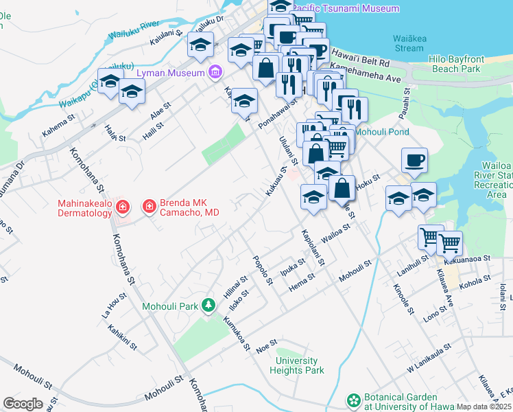map of restaurants, bars, coffee shops, grocery stores, and more near 352 Kukuau Street in Hilo