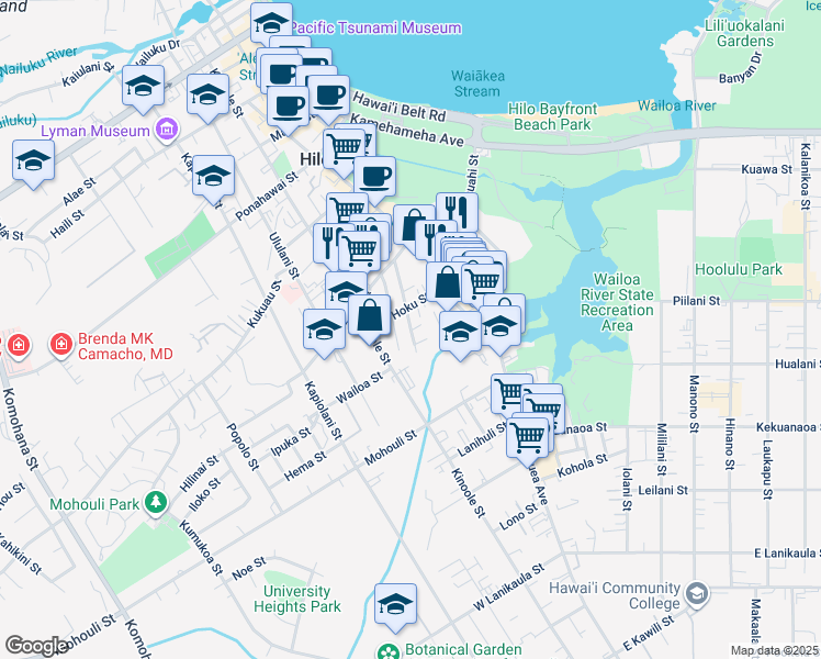 map of restaurants, bars, coffee shops, grocery stores, and more near 182 Panaewa Street in Hilo
