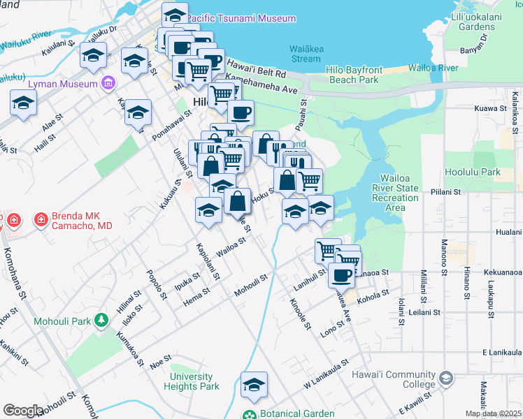 map of restaurants, bars, coffee shops, grocery stores, and more near 176 Panaewa Street in Hilo