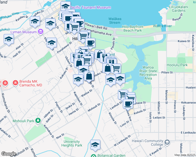 map of restaurants, bars, coffee shops, grocery stores, and more near 172 Panaewa Street in Hilo