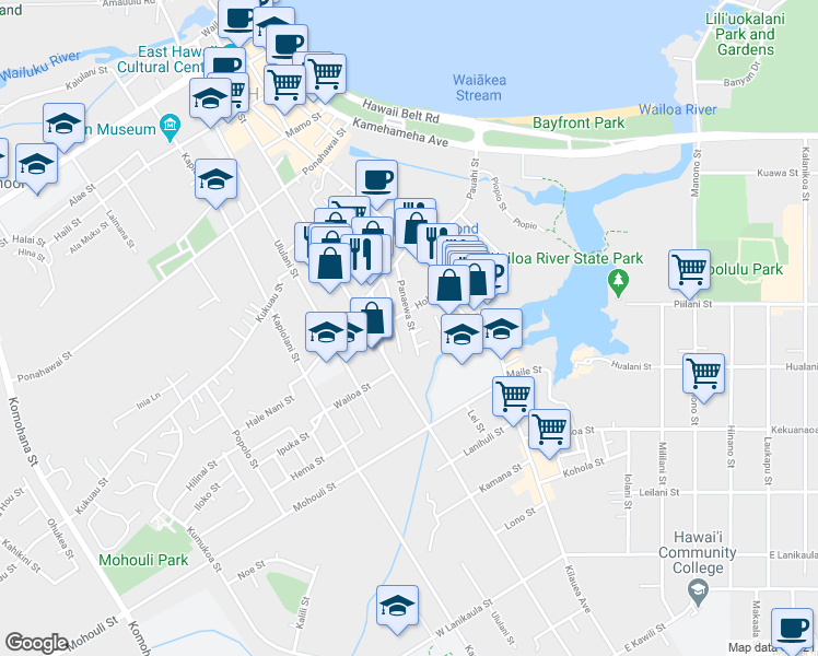 map of restaurants, bars, coffee shops, grocery stores, and more near 186 Hoku Street in Hilo