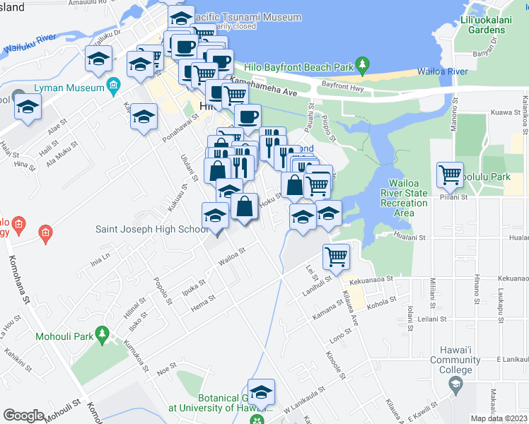 map of restaurants, bars, coffee shops, grocery stores, and more near 165 Hoku Street in Hilo