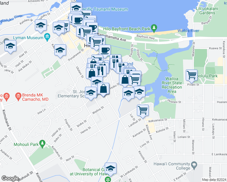 map of restaurants, bars, coffee shops, grocery stores, and more near 164 Panaewa Street in Hilo